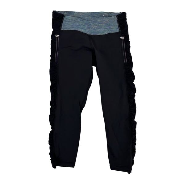 Lululemon Ruched Crop Athletica Pants Womens 6 Black Low Rise Zip Pockets Active - Picture 1 of 10
